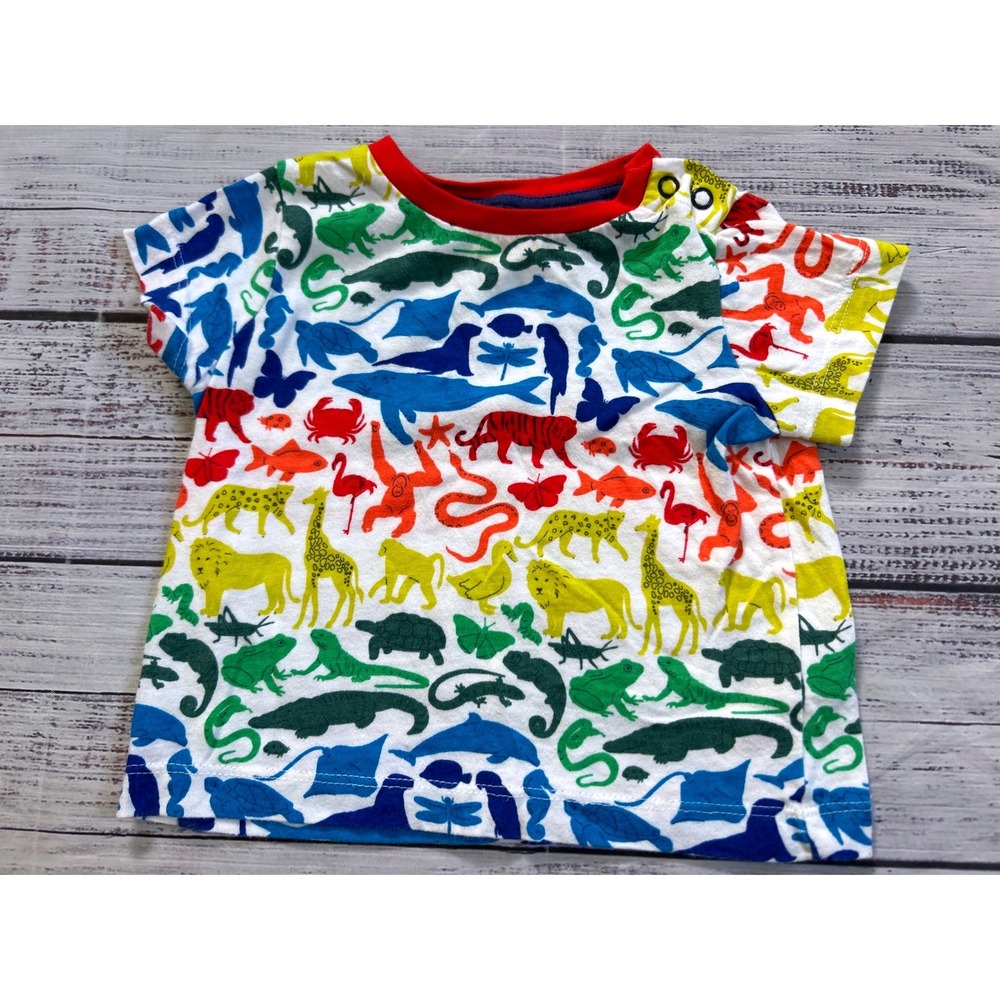 Baby Boden T-Shirt Kids 6-9M White Multi Rainbow Animal Print Short Sleeve